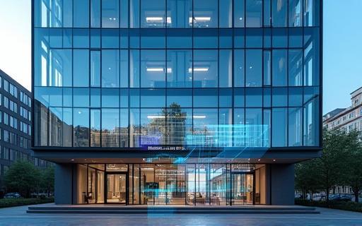Modern commercial building with energy graphs overlay