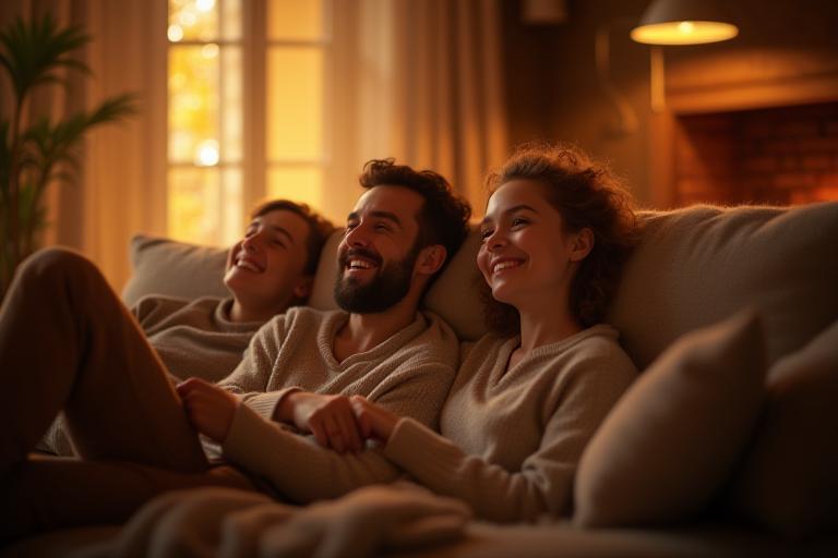 A family looking comfortable in a heated home environment